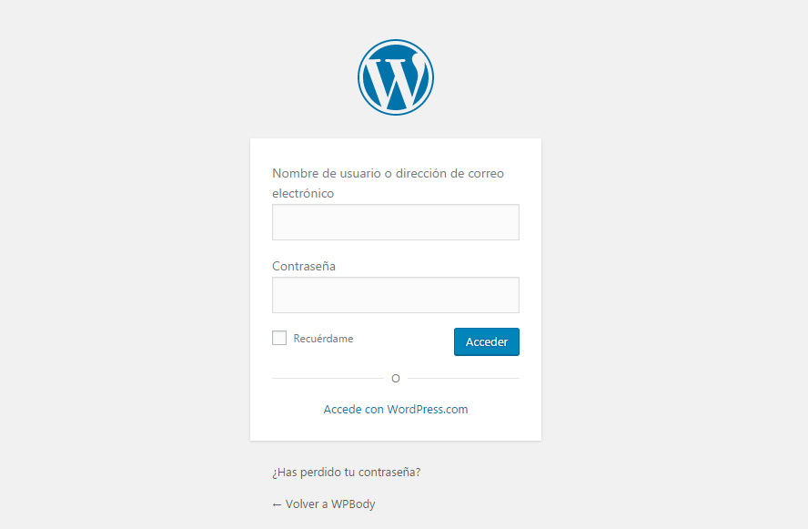 Formulario de acceso a la administracion de WordPress por wp-admin