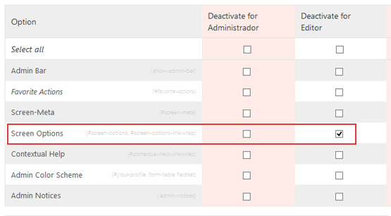 Deshabilitar la pestaña de Opciones de pantalla al rol de editor en WordPress