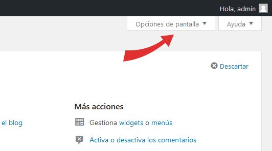 Opciones de pantalla en el panel de administración de WordPress