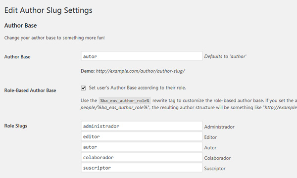 Configuración del plugin Editor Author Slug en WordPress para cambiar la estructura del enlace de autor