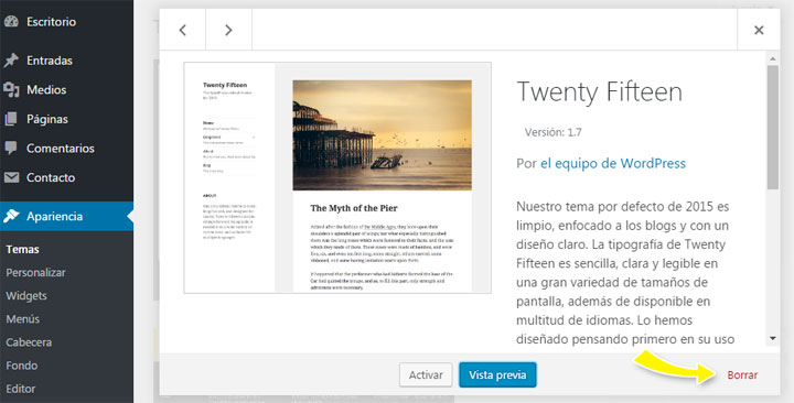 Borrar Tema de WordPress desde el panel de administración Dashboard