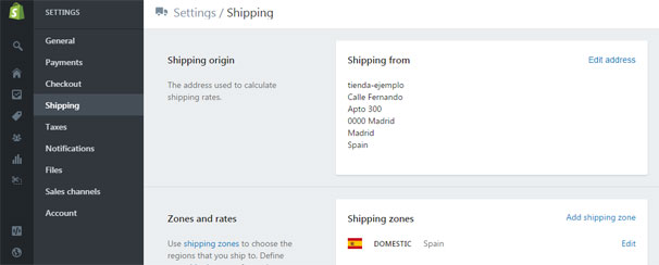 Configurar formas de envío de productos en Shopify