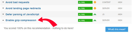 Test de GTmetrix para la Compresión GZIP habilitada en WordPress
