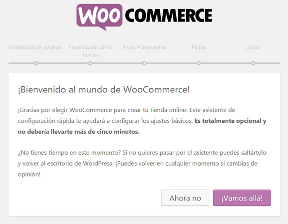 Asistente de configuraciön inicial del plugin woocommerce para crear tienda virtual