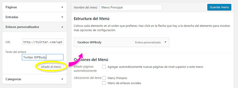 Crear menú de navegación de enlaces en WordPress
