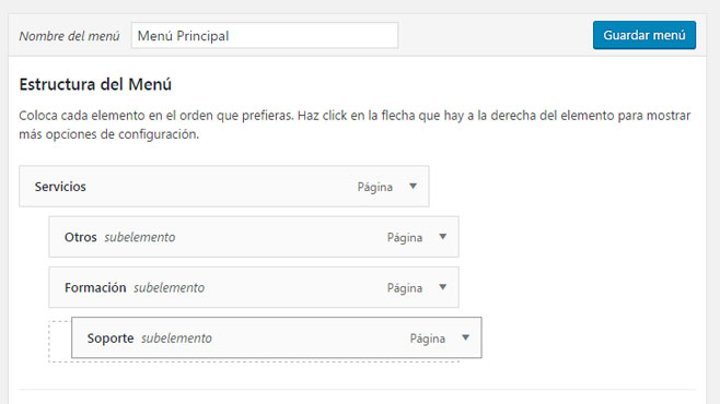 Crear subelemento en el menú de navegación en WordPress