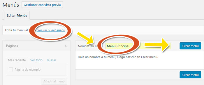 Crear y guardar nuevo menú de navegación en WordPress