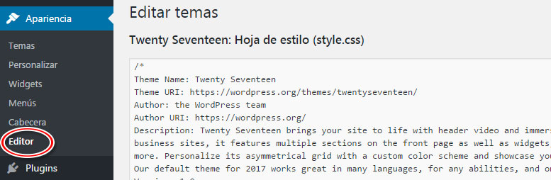 Editor de archivos de WordPress en el panel de administración