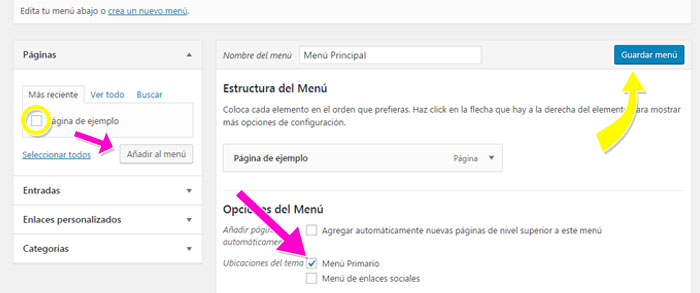 Elegir lugar de menú de navegación en WordPress