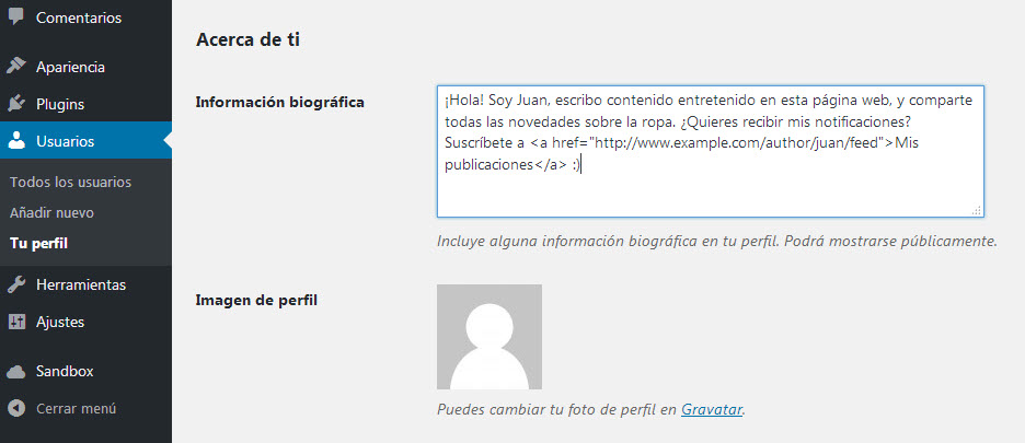 Enlace de suscripción feed en la descripción de perfil de autor en WordPress