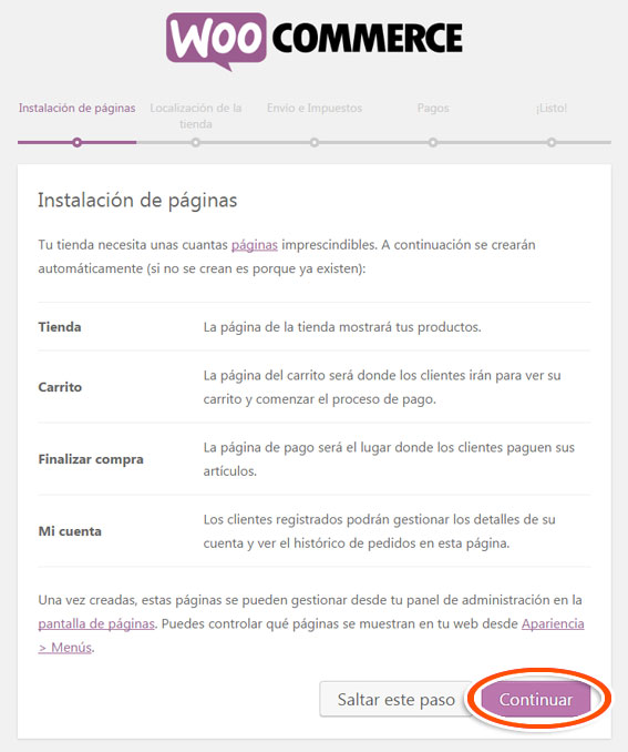 Instalar las páginas necesarias del plugin WooCommerce en tu tienda virtual en WordPress