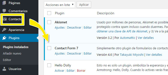 Instalar plugin contact form 7 en WordPress