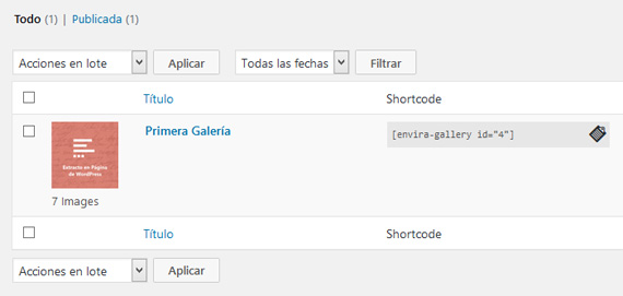 Panel de galerías en el panel de administración de WordPress del plugin Envira Gallery