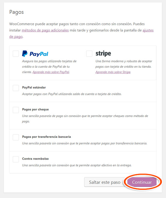 Seleccionar formas y métodos de pago de tienda virtual en plugin WooCommerce en WordPress