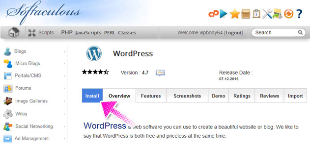 Instalar WordPress usando Softaculous