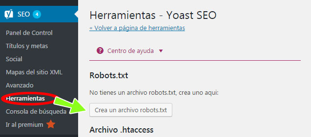 Crear archivo robots.txt en WordPress con plugin Yoast SEO desde las Herramientas