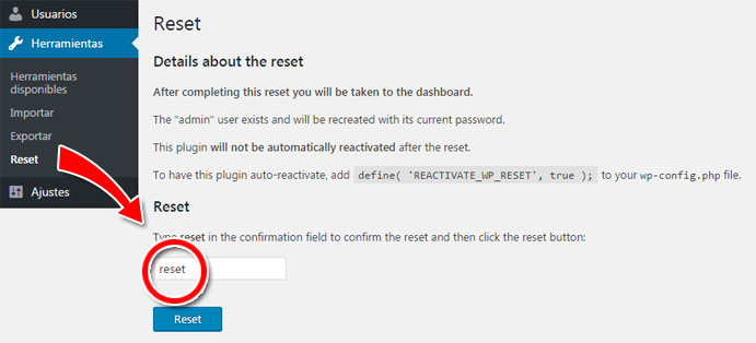Resetear base de datos de wordpress a estado predeterminado con WordPress Reset