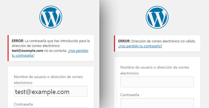 mensajes de error encima del formulario de acceso login en WordPress