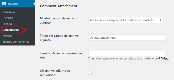 Ajustes de archivos adjuntos en comentarios en plugin Comment Attachment