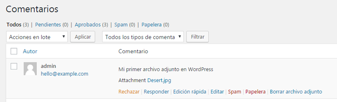 Borrar archivos adjuntos en comentarios de WordPress