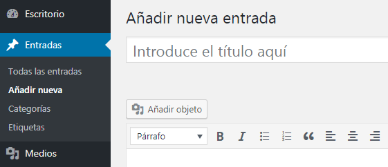 Botón de añadir objeto en editor de entrada en WordPress