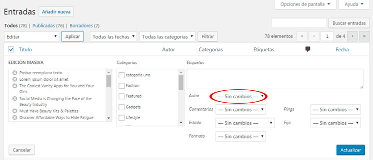 Modificar autor de múltiples entradas en WordPress