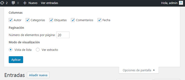 Mostrar autor en pestaña Opciones de pantalla en WordPress