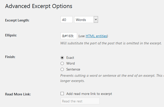 Página de ajustes del plugin Advanced Excerpt en panel de WordPress
