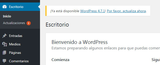 Aviso de nueva actualización disponible de WordPress para instalar nueva versión