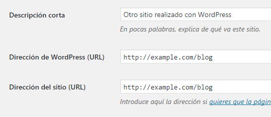 Cambiar dirección URL de instalación de WordPress en los ajustes generales del panel de administración