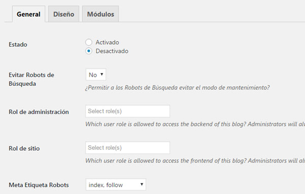 Configuración general del plugin WP Maintenance Mode para activar modo mantenimiento en WordPress