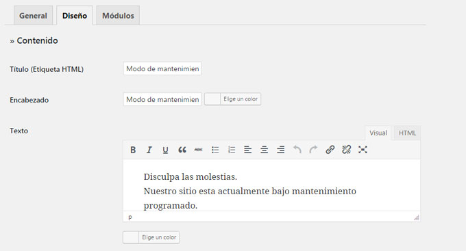 Diseño personalizado de página modo de mantenimiento con plugin WP Maintenance Mode