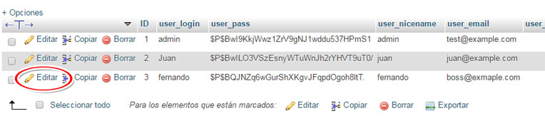 Editar usuario para cambiar contraseña de usuario WordPress desde phpMyAdmin