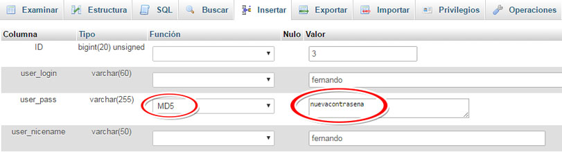 Modificar la contraseña en WordPress desde el cpanel con algoritmo MD5