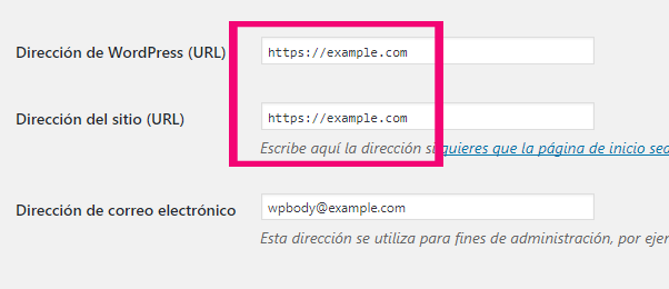 Cambiar la dirección URL de WordPress en los ajustes del panel de administración