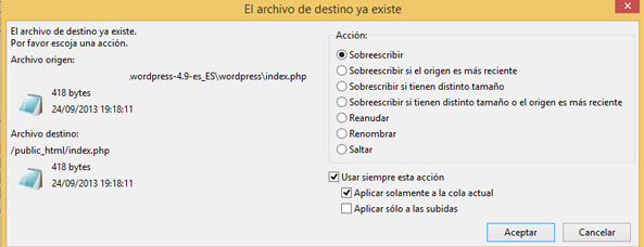 Sobrescribir los archivos para actualizar instalación de WordPress por FTP