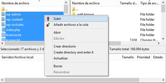 Subir los archivos de la nueva versión para actualizar WordPress manualmente por FTP