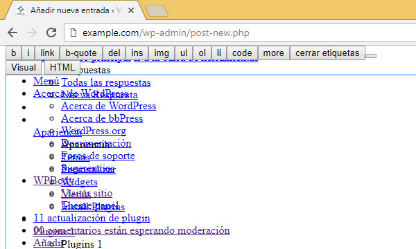 Panel de administración de WordPress desordenado y no carga correctamente