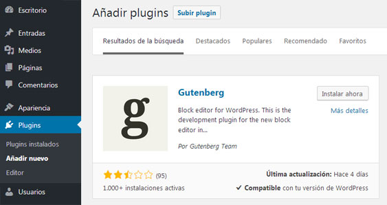 Instalar Plugin Gutenberg Nuevo Editor de WordPress