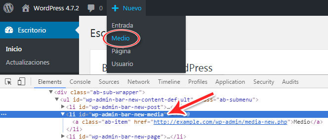 Seleccionar elemento o item HTML para eliminar de la barra de administración de WordPress