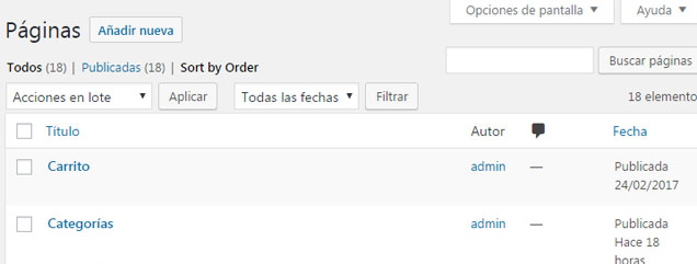 Tabla de páginas en WordPress