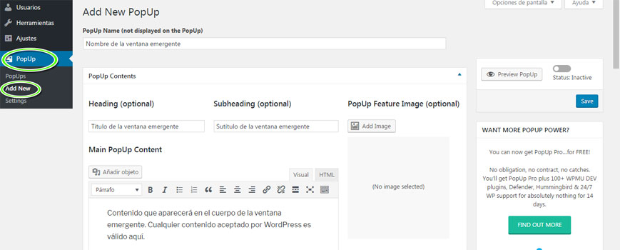Página de configuración del plugin WordPress PopUp para crear ventana emergente