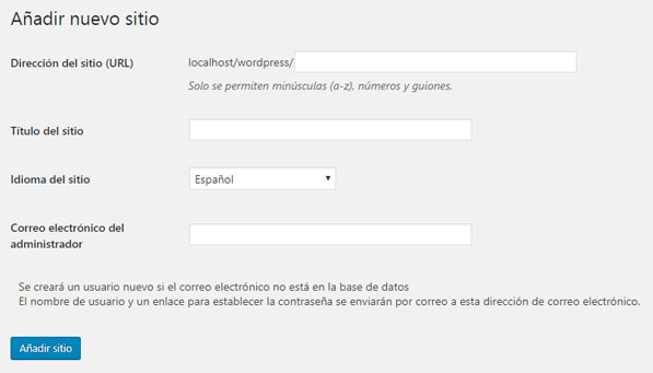 Añadir nuevo sitio en la red de sitios del multisitio de WordPress