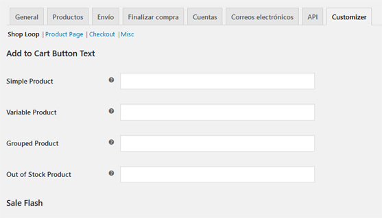 Página de configuración del plugin WooCommerce Customizer