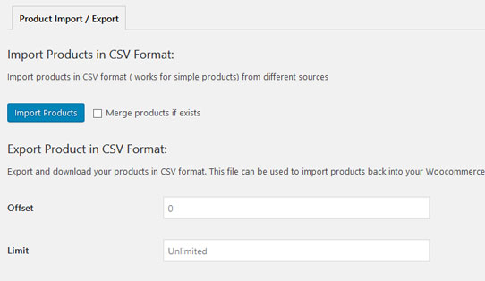 Página de configuración del plugin Product Import Export for WooCommerce