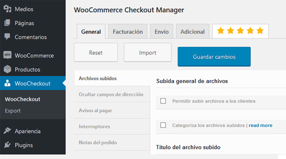Página de configuración del plugin WooCommerce Checkout Manager