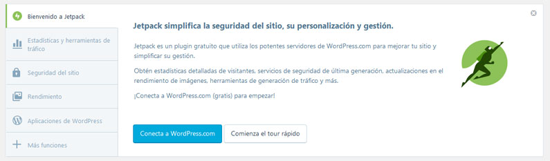 Panel de bienvenida de plugin Jetpack para mejorar la seguridad del sitio y rendimiento de imágenes