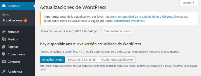 Notificación para hacer backup antes de actualizar WordPress