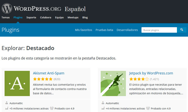 Página de buscar plugins en el repositorio oficial de WordPress