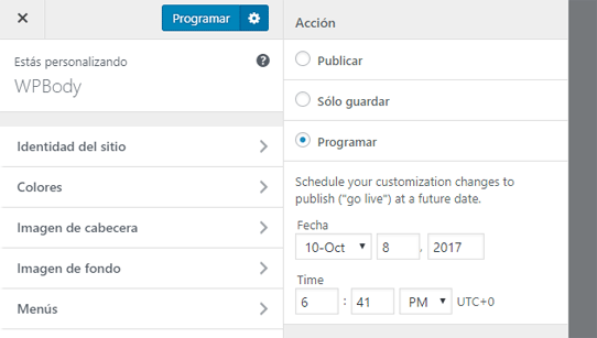 Programar publicación de los cambios del personalizador del tema en WordPress 4.9